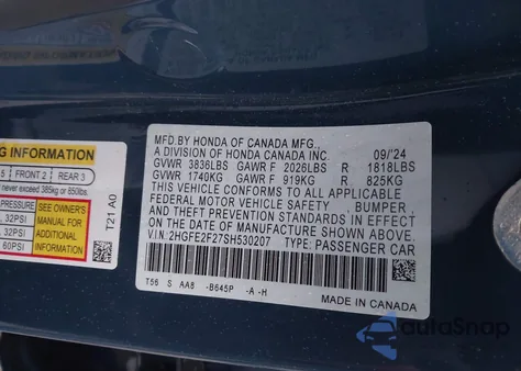 2025 Honda Civic Lx z USA, uszkodzony, nr VIN 2HGFE2F27SH530207